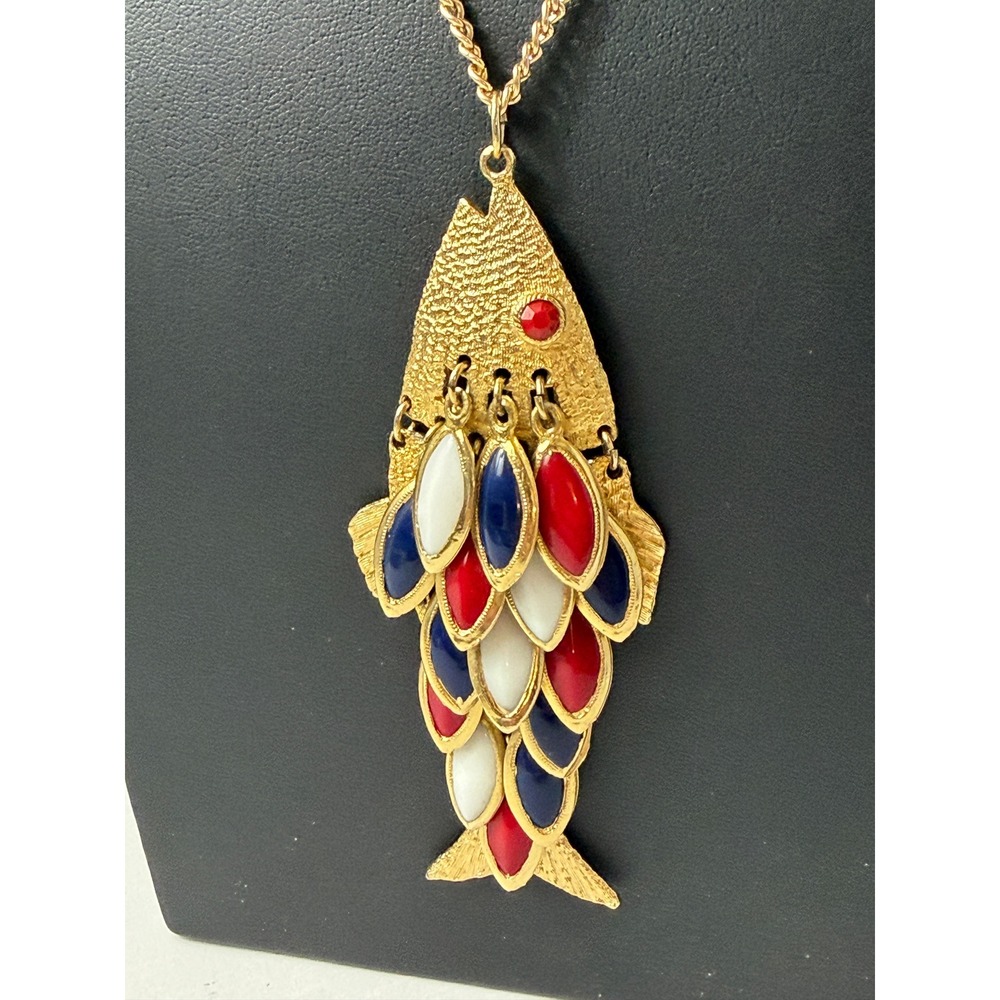 Vintage Fish Necklace Red White Blue Gold Tone Patriotic
